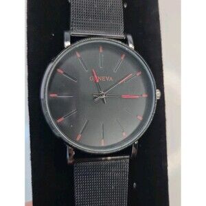 Geneva Unisex Black Metal Mesh Band & Red Hands & Markers Large Round Face Works